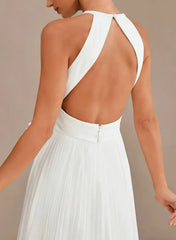 A Line Cowl Neck Sleeveless Sweep Train Chiffon Wedding Dress with Bow and Pockets