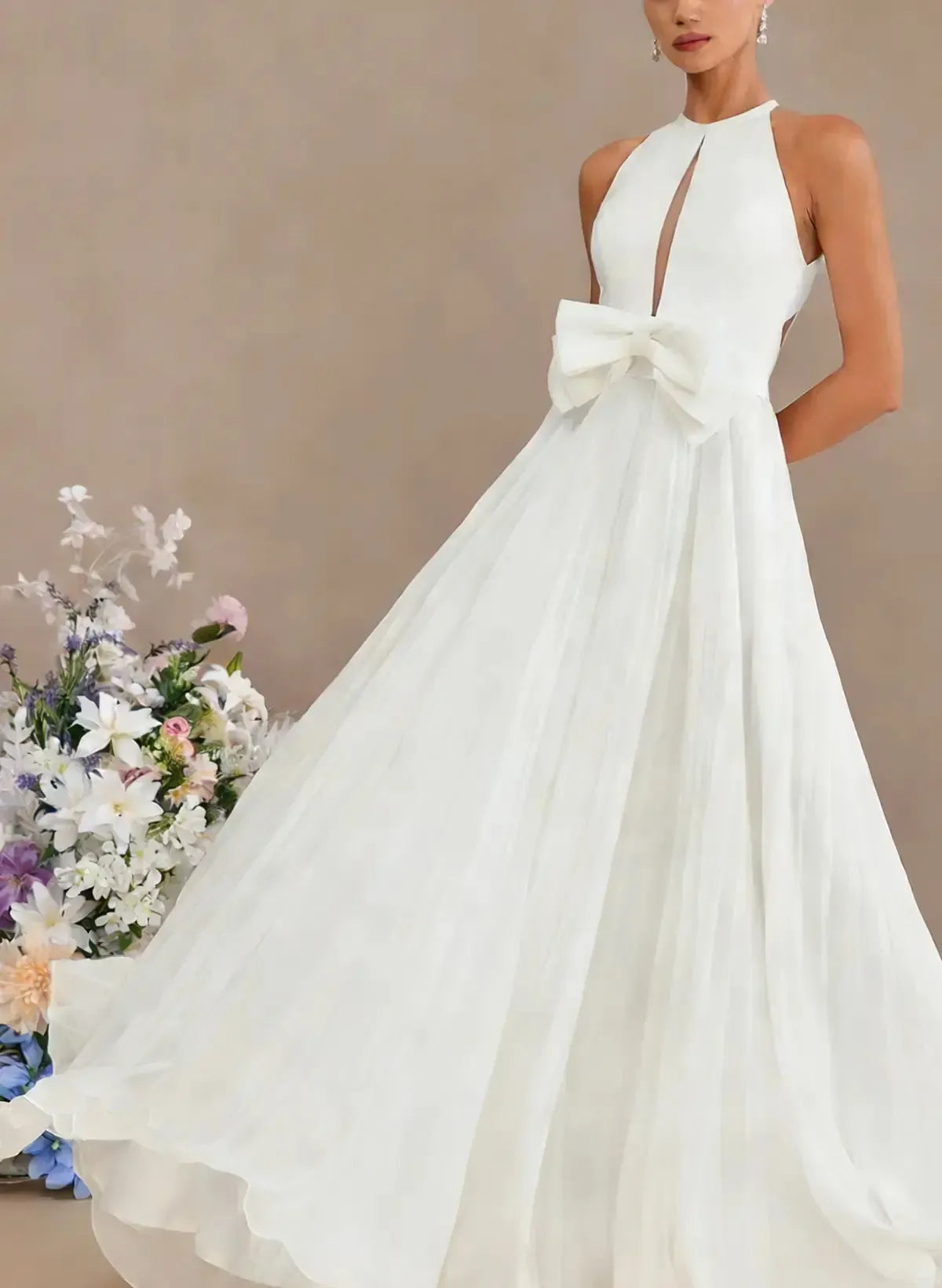 A Line Cowl Neck Sleeveless Sweep Train Chiffon Wedding Dress with Bow and Pockets