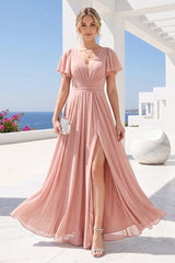 A-Line Deep V-Neck Short Sleeves Split Side Chiffon Bridesmaid Dresses As Picture