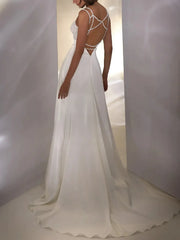 A Line Detachable Sleeves Wedding Dress Court Train Satin Bridal Gown With Sequins