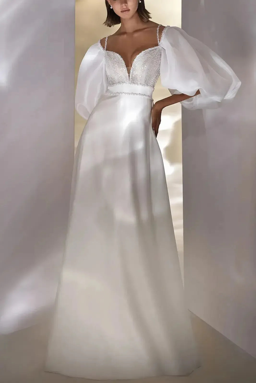 A Line Detachable Sleeves Wedding Dress Court Train Satin Bridal Gown With Sequins