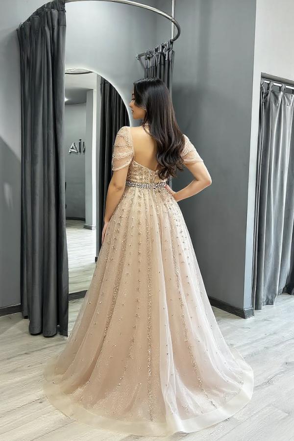 A Line Evening Dress Off the Shoulder Beaded Prom Formal Dress