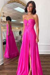 A-Line Fuchsia Sweetheart Pleated Long Prom Dress with Slit