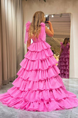 A Line Fuchsia Tiered Prom Dress V Neck Tulle Long Evening Dress