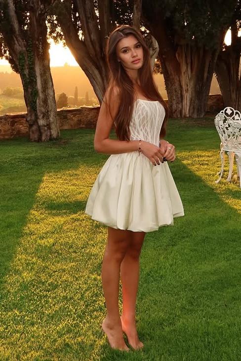 A Line Graduation Dress Strapless Satin Short Cocktail Dress With Lace Appliques
