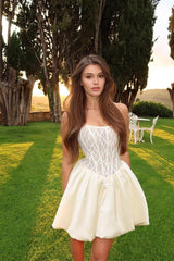 A Line Graduation Dress Strapless Satin Short Cocktail Dress With Lace Appliques