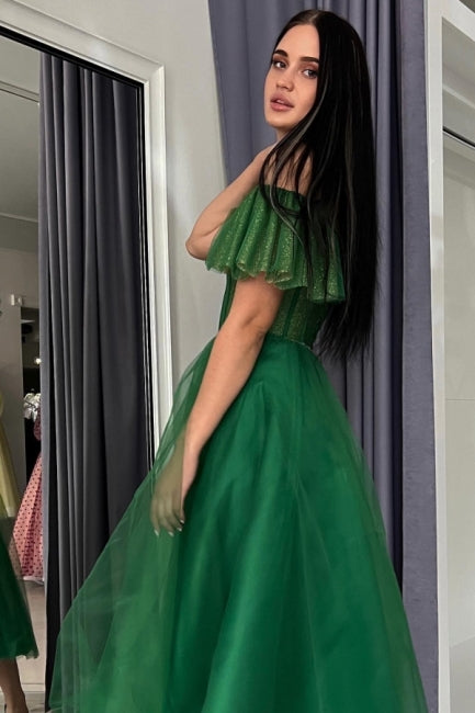 A Line Green Prom Dress Off The Shoulder Tulle Sweetheart Formal Dress With Glitter