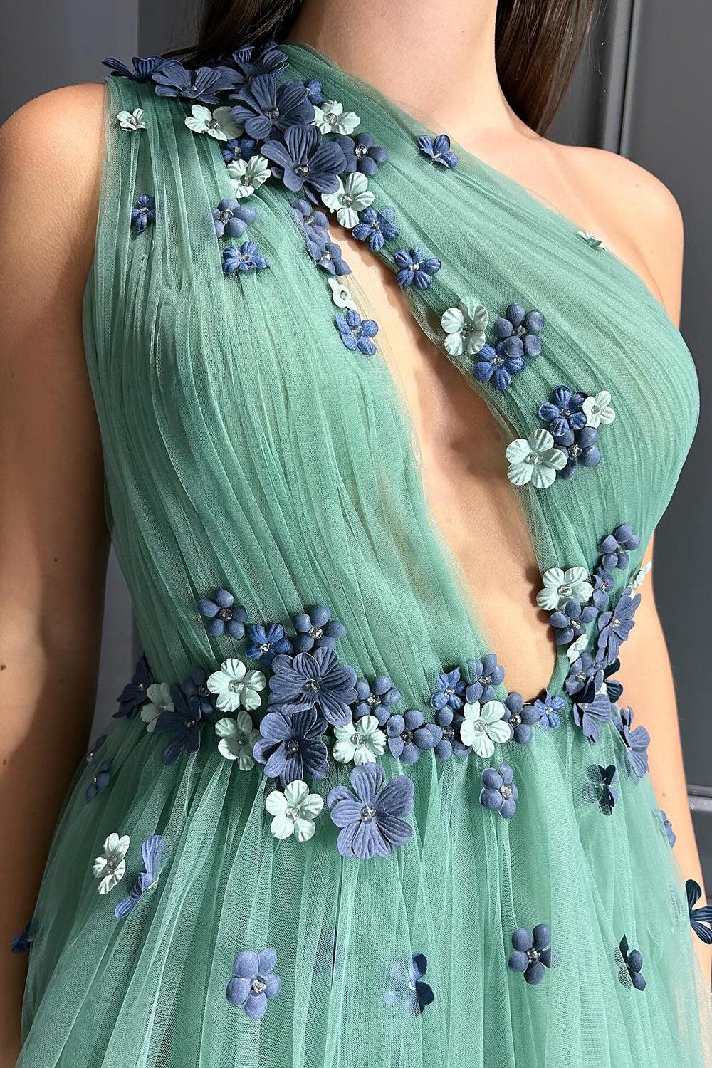 A Line Green Prom Dress One Shoulder Tulle Long Wedding Guest Dress with Flowers