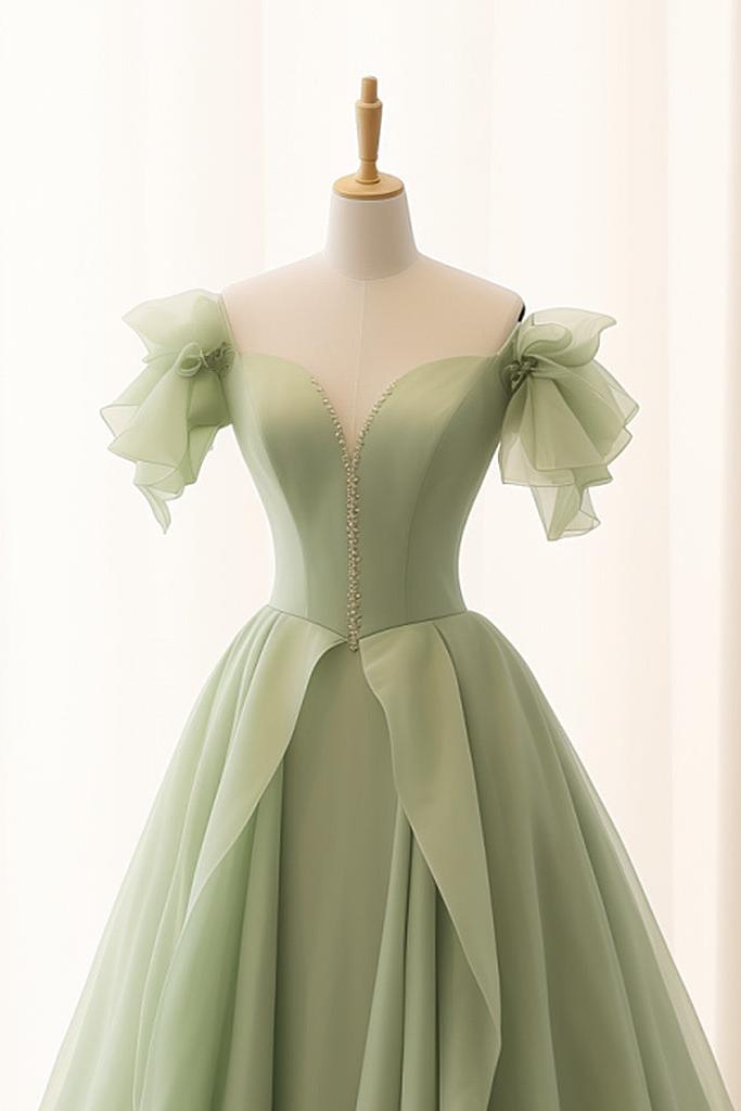 A Line Green Prom Dress Tulle Long Formal Gown Evening Dress