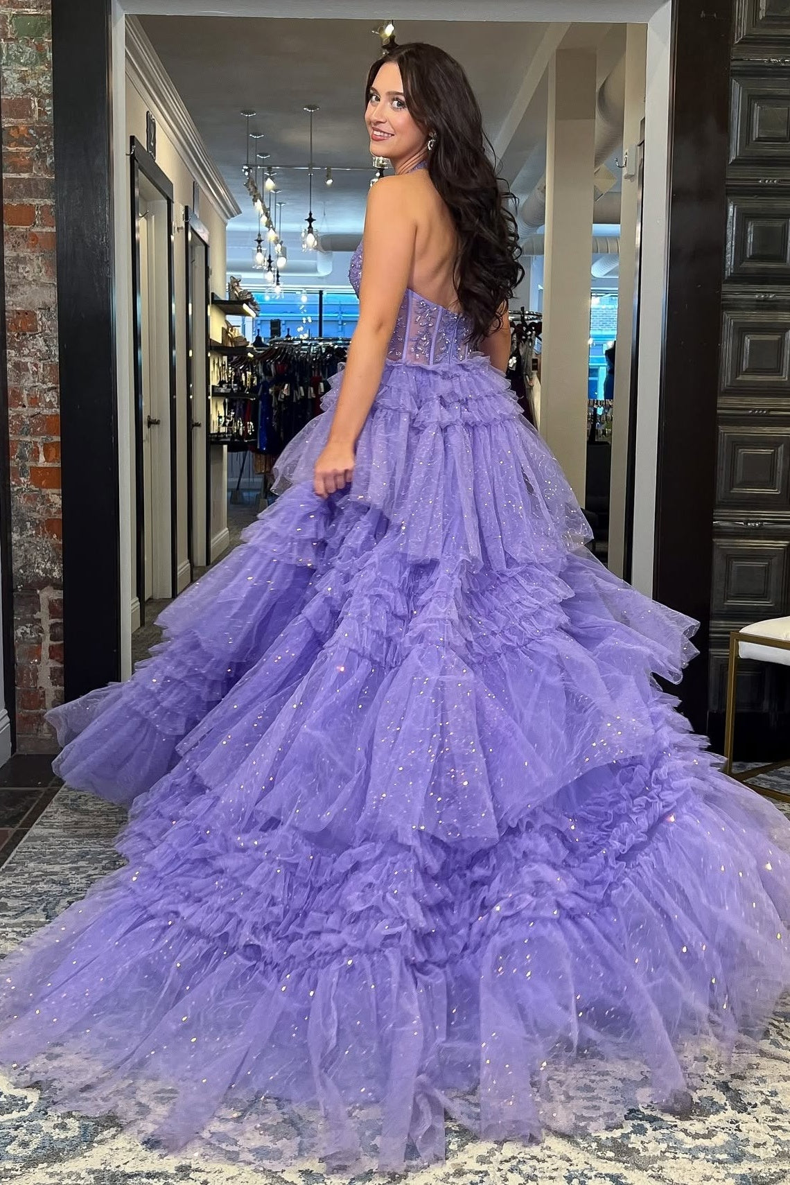 A Line Halter Neck Lilac Tulle Long Prom Dress With Ruffles Formal Evening Gown