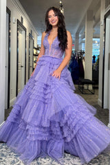 A Line Halter Neck Lilac Tulle Long Prom Dress With Ruffles Formal Evening Gown
