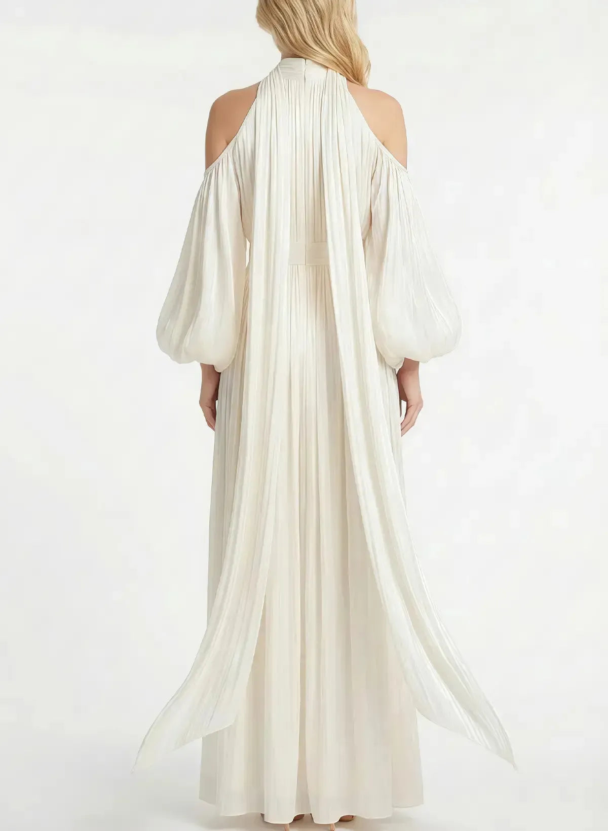 A Line Halter Neck Long Sleeves Floor Length Wedding Dress with Pleats