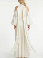 A Line Halter Neck Long Sleeves Floor Length Wedding Dress with Pleats