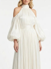A Line Halter Neck Long Sleeves Floor Length Wedding Dress with Pleats