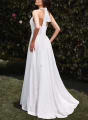 A Line Halter Neck Sleeveless Sweep Train Chiffon Wedding Dress with Pockets