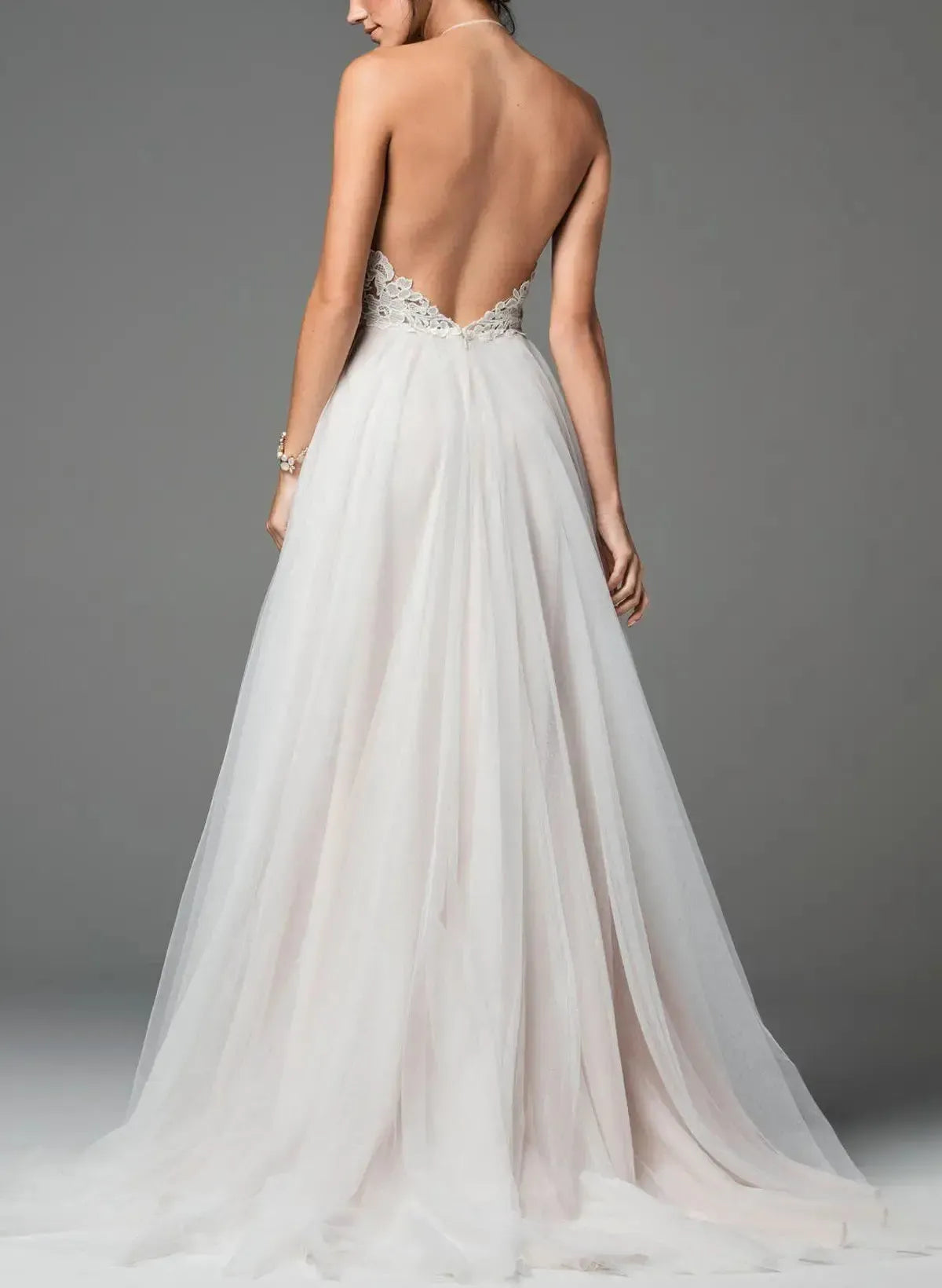 A Line Halter Neck Sleeveless Sweep Train Lace Tulle Wedding Dress with Pockets
