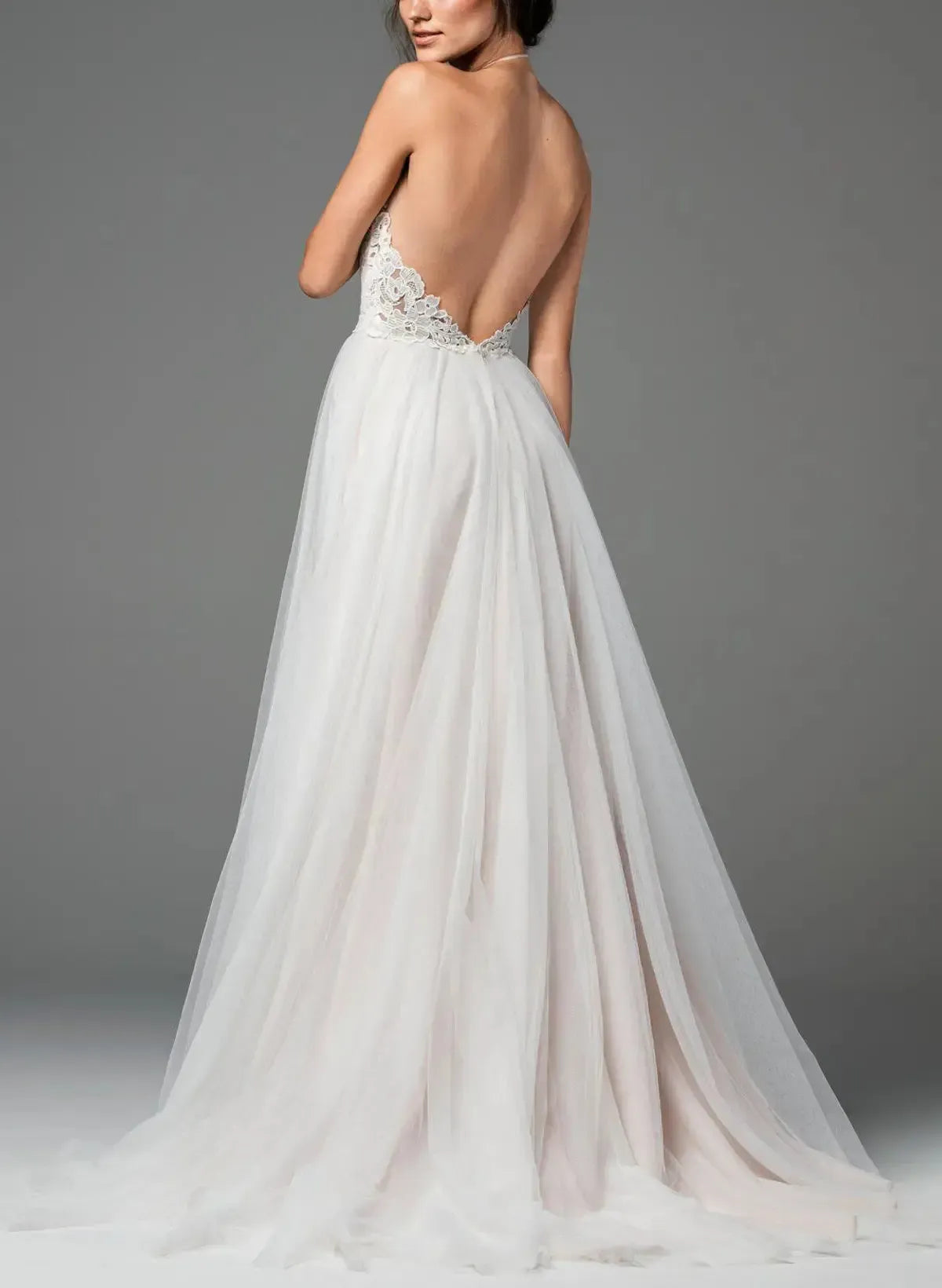 A Line Halter Neck Sleeveless Sweep Train Lace Tulle Wedding Dress with Pockets