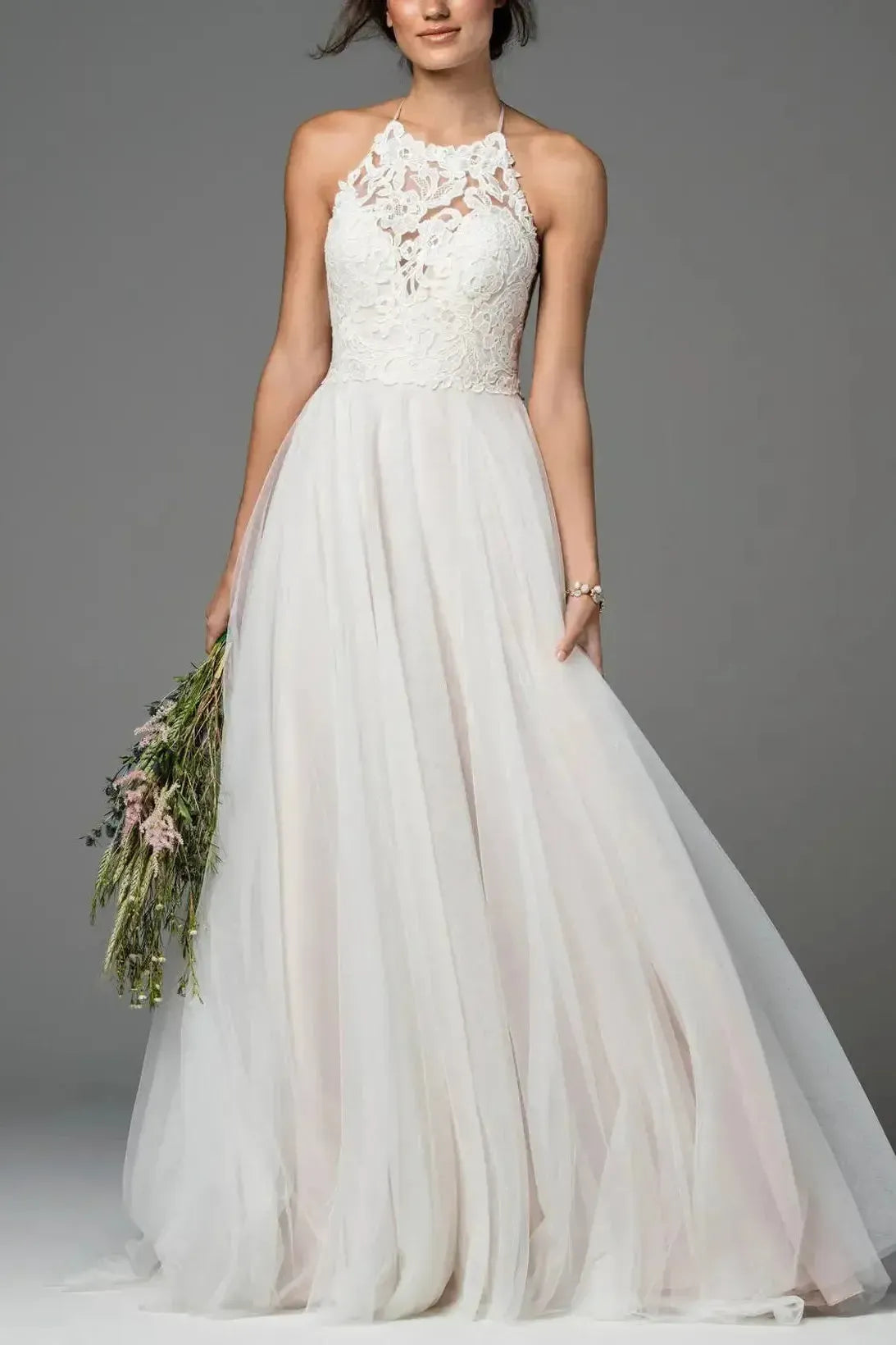 A Line Halter Neck Sleeveless Sweep Train Lace Tulle Wedding Dress with Pockets