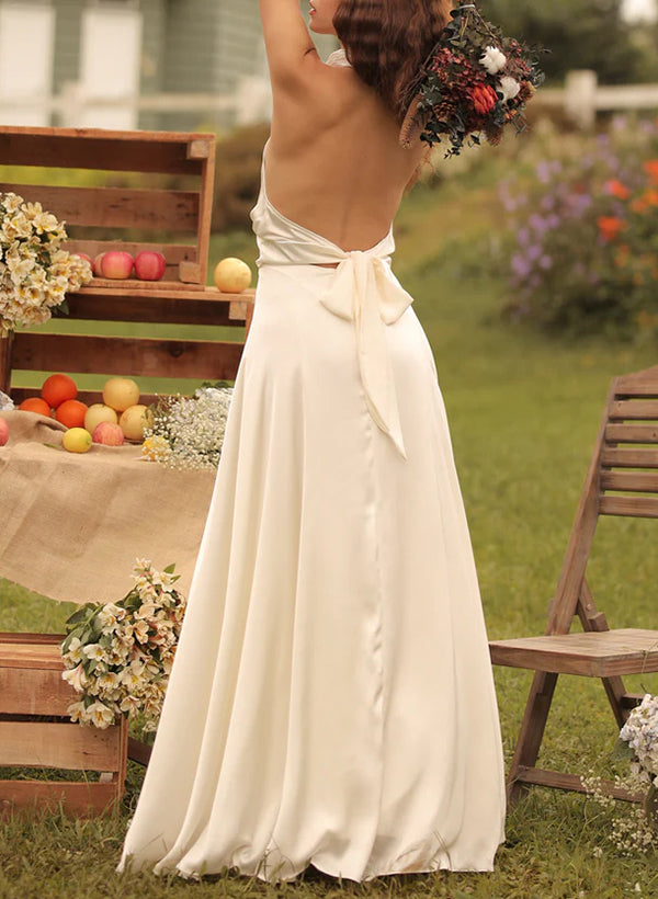 A Line Halter Sleeveless Silk Like Satin Bridesmaid Dresses With Split Front