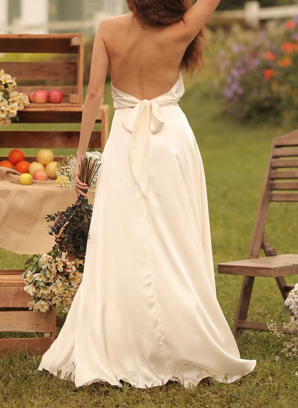 A Line Halter Sleeveless Silk Like Satin Bridesmaid Dresses With Split Front