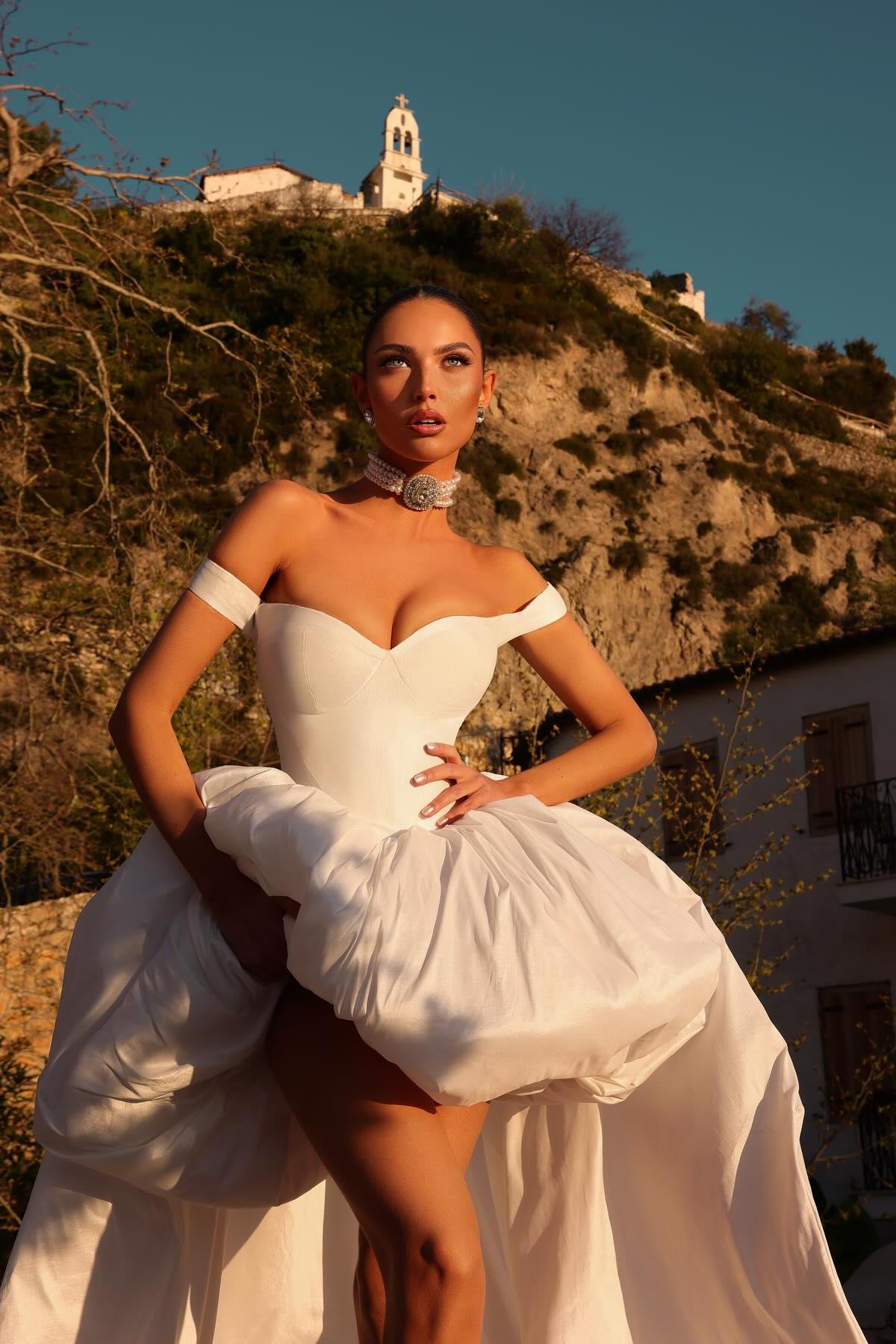 A Line High Low Wedding Dress Red Off the Shoulder Bridal Gown