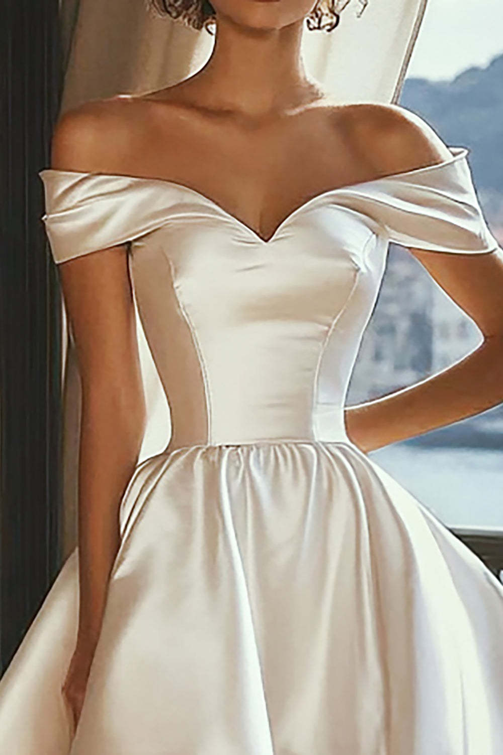 A Line High Low White Beach Wedding Dress Off The Shoulder Satin Bridal Gown
