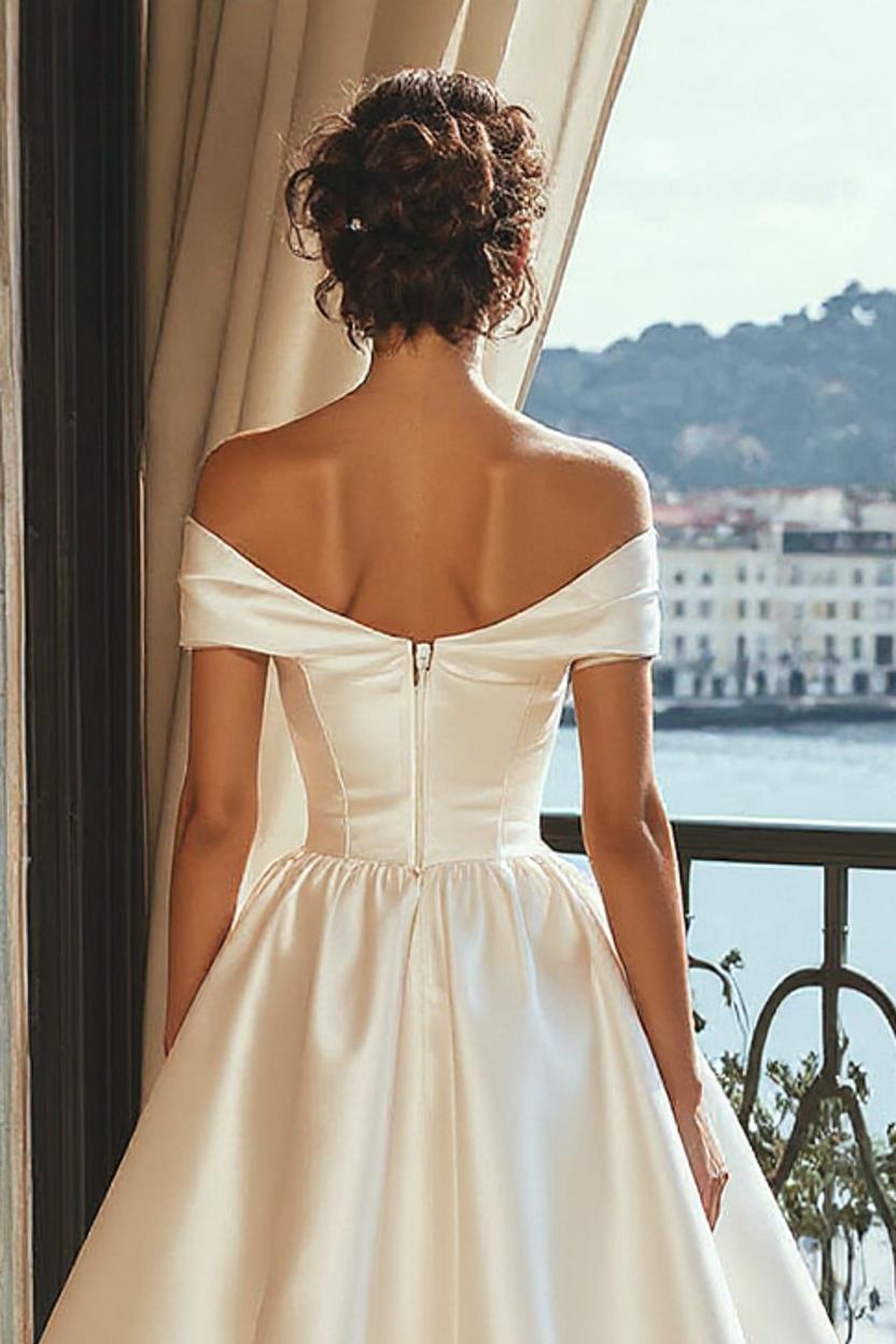 A Line High Low White Beach Wedding Dress Off The Shoulder Satin Bridal Gown