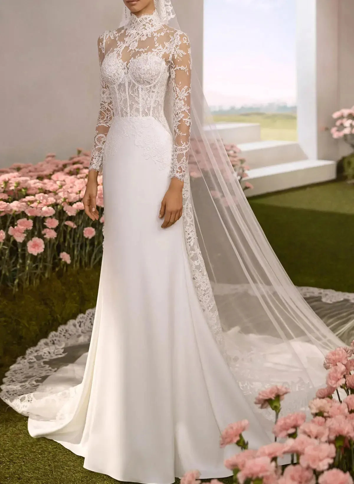A Line High Neck Long Sleeves Chapel Train Lace Satin Wedding Dress with Overskirt