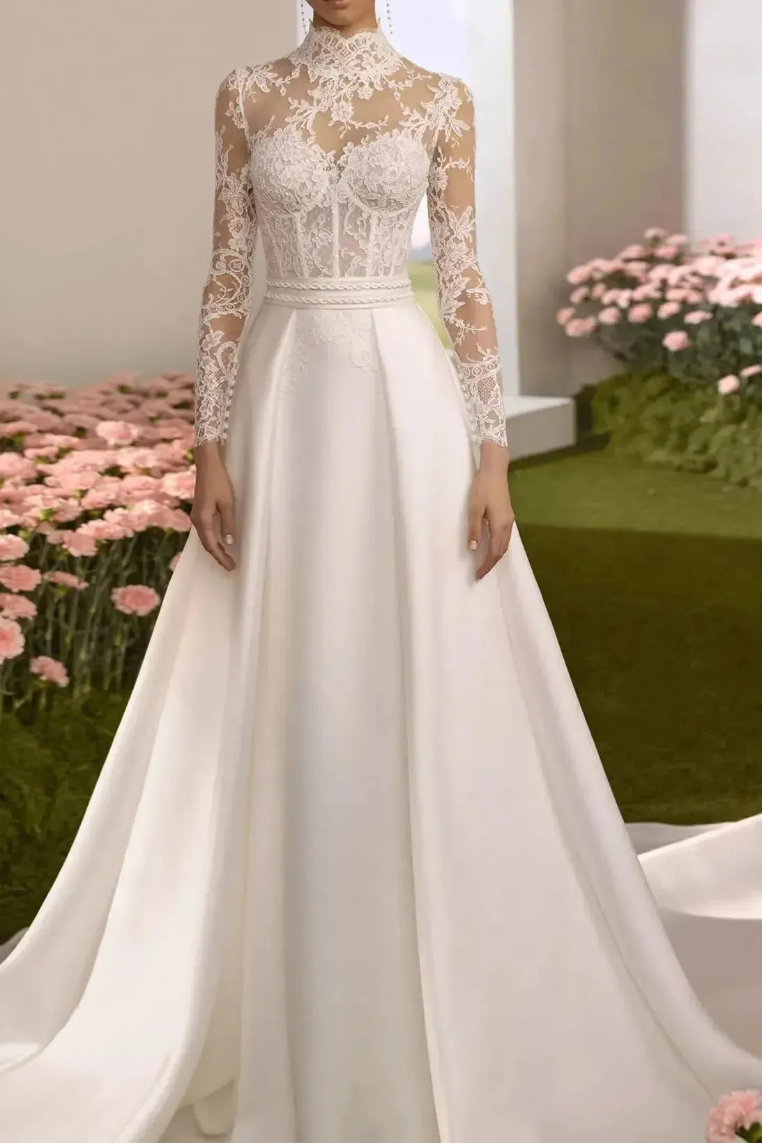 A Line High Neck Long Sleeves Chapel Train Lace Satin Wedding Dress with Overskirt