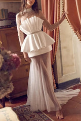 A Line High Neck Long Sleeves Court Train Satin Wedding Dress with Beading