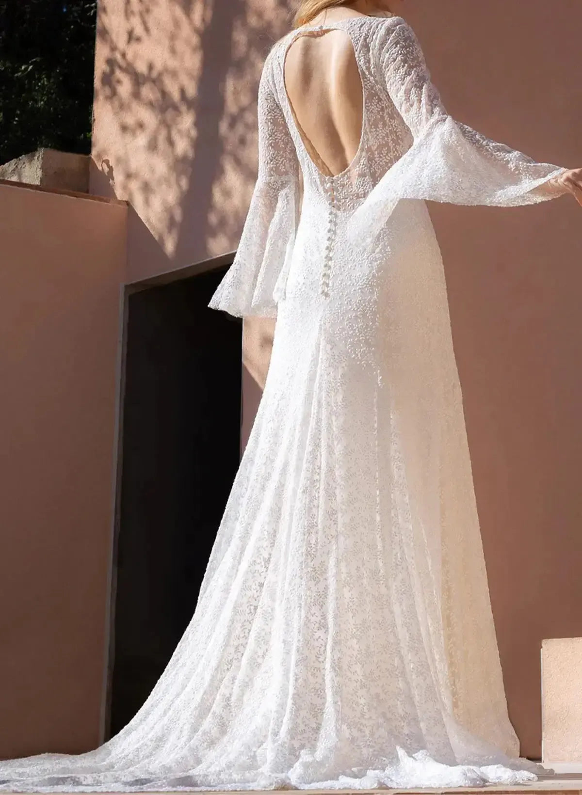 A Line Illusion Neck Long Sleeves Sweep Train Matte Satin Wedding Dress with Lace