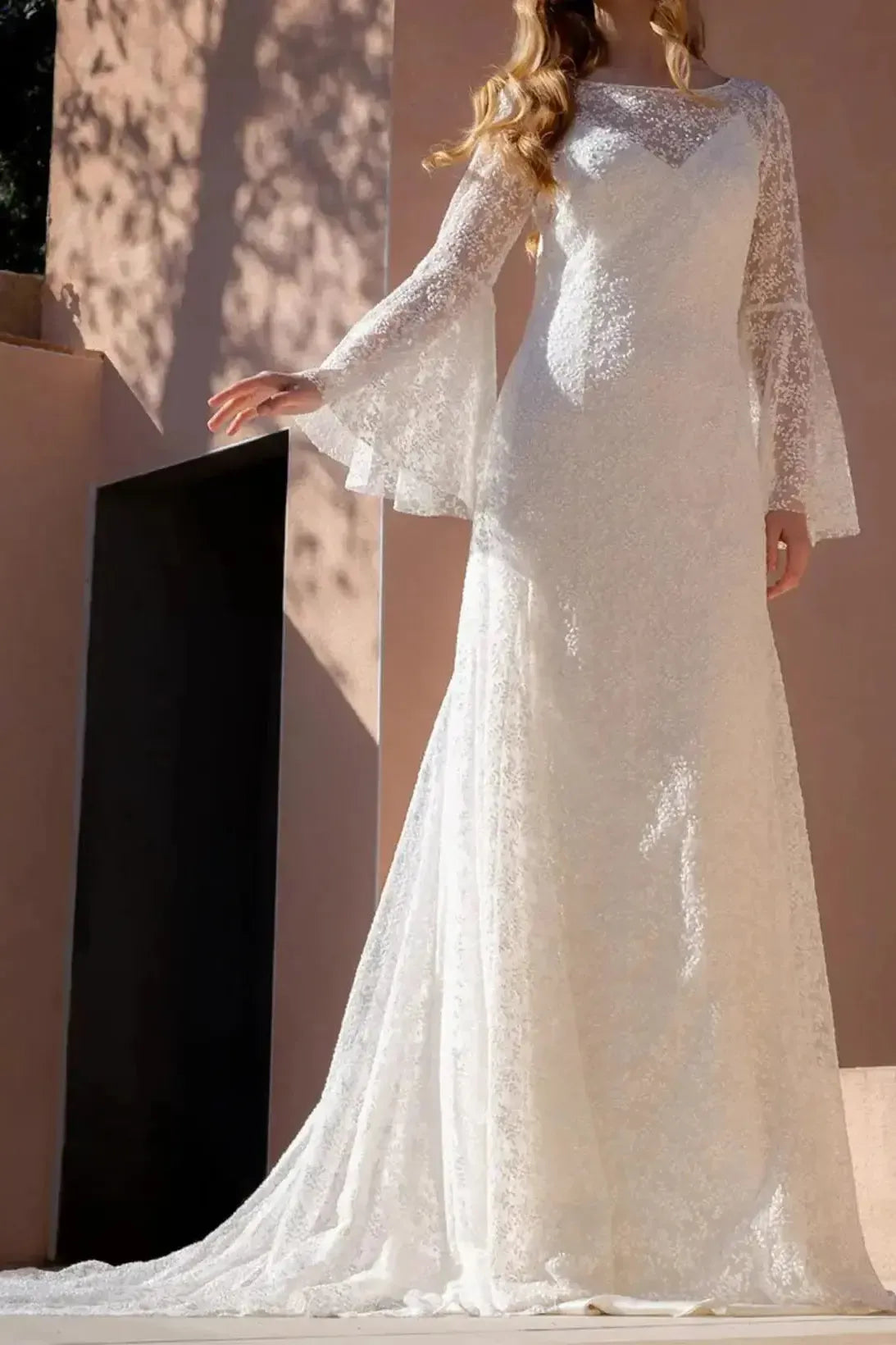A Line Illusion Neck Long Sleeves Sweep Train Matte Satin Wedding Dress with Lace