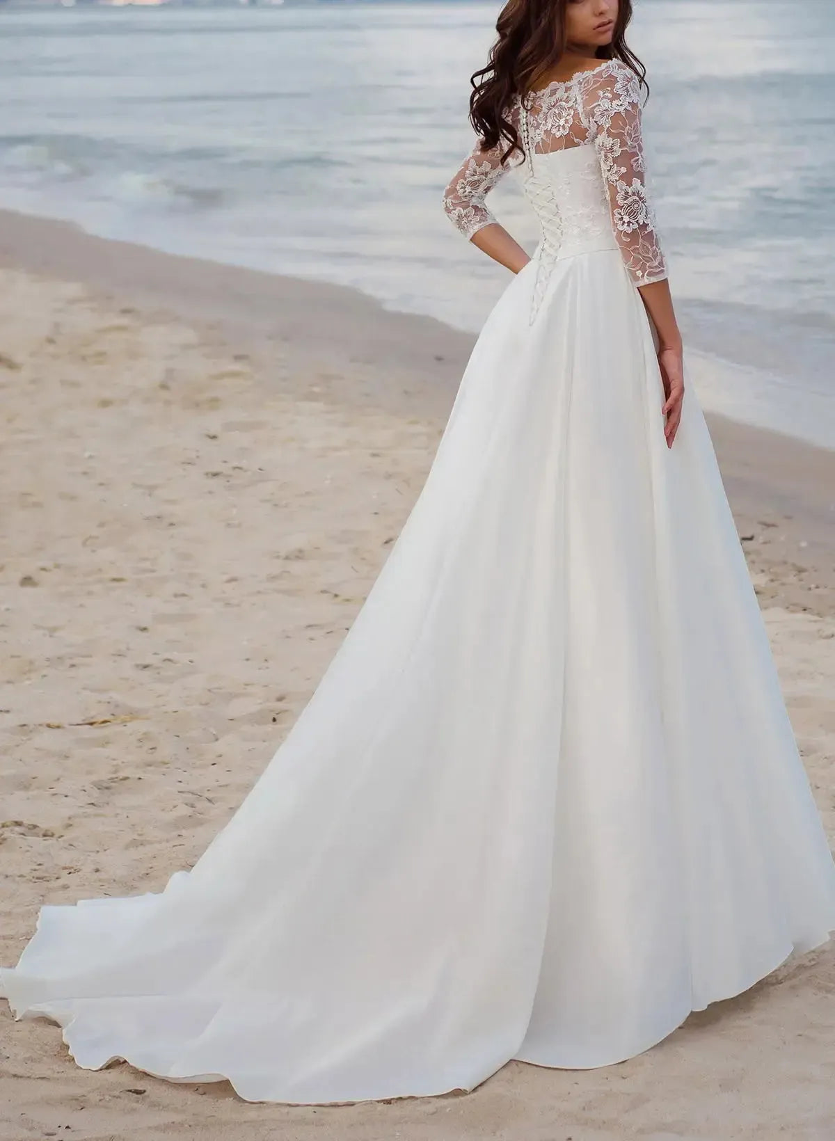 A Line Illusion Neck Three Quarter Sleeves Court Train Satin Wedding Dress with Appliques