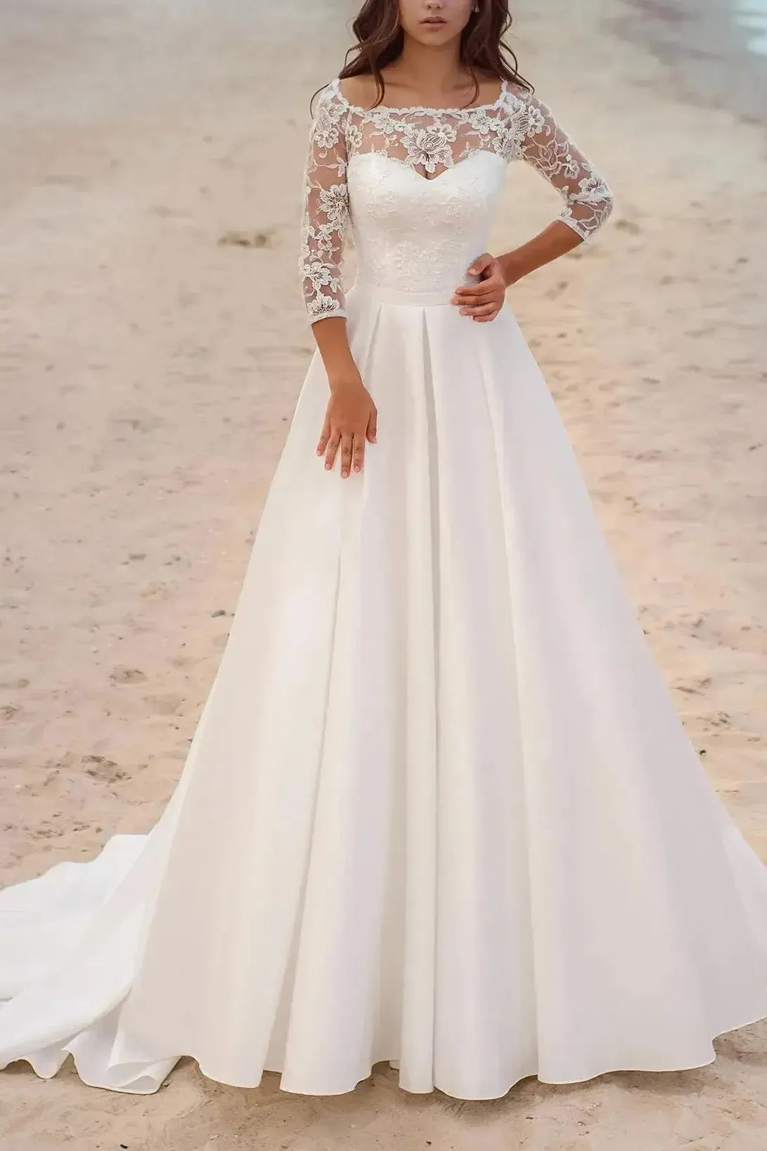 A Line Illusion Neck Three Quarter Sleeves Court Train Satin Wedding Dress with Appliques