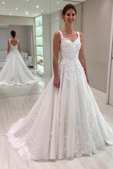 A Line Lace Sweetheart Sleeveless White Wedding Dress Bridal Gown With Appliques