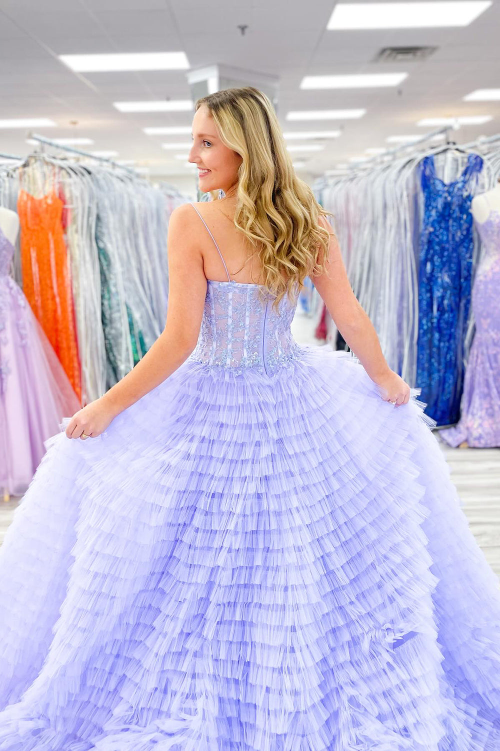 A Line Lilac Prom Dress Spaghetti Straps Long Evening Dress with Slit