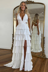 A-Line Lilac Prom Dress Tiered Halter Long Formal Dress With Slit