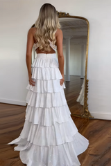 A-Line Lilac Prom Dress Tiered Halter Long Formal Dress With Slit