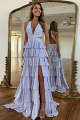 A-Line Lilac Prom Dress Tiered Halter Long Formal Dress With Slit