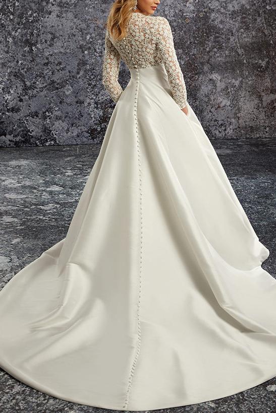 A-Line Long Sleeves Court Train Lace/Satin Wedding Dresses With Pockets