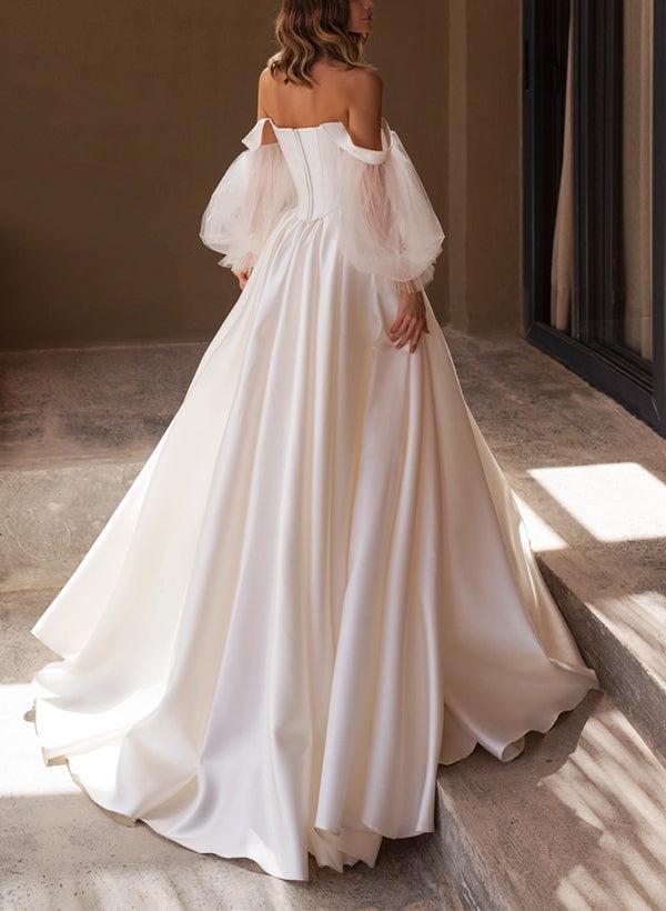 A-Line Off-The-Shoulder Long Sleeves Satin Beach Wedding Dresses With Pleated