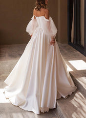 A-Line Off-The-Shoulder Long Sleeves Satin Beach Wedding Dresses With Pleated