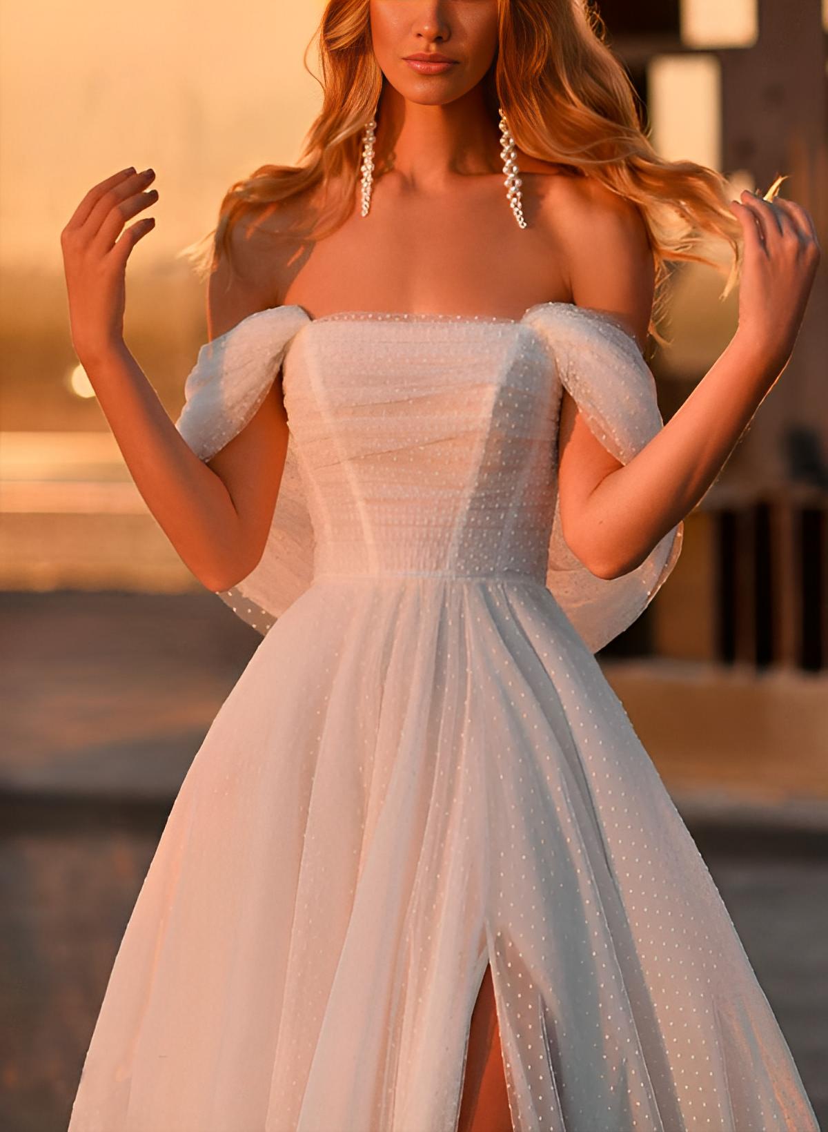 A-Line Off-The-Shoulder Sleeveless Sweep Train Tulle Beach Wedding Dresses With Split Front