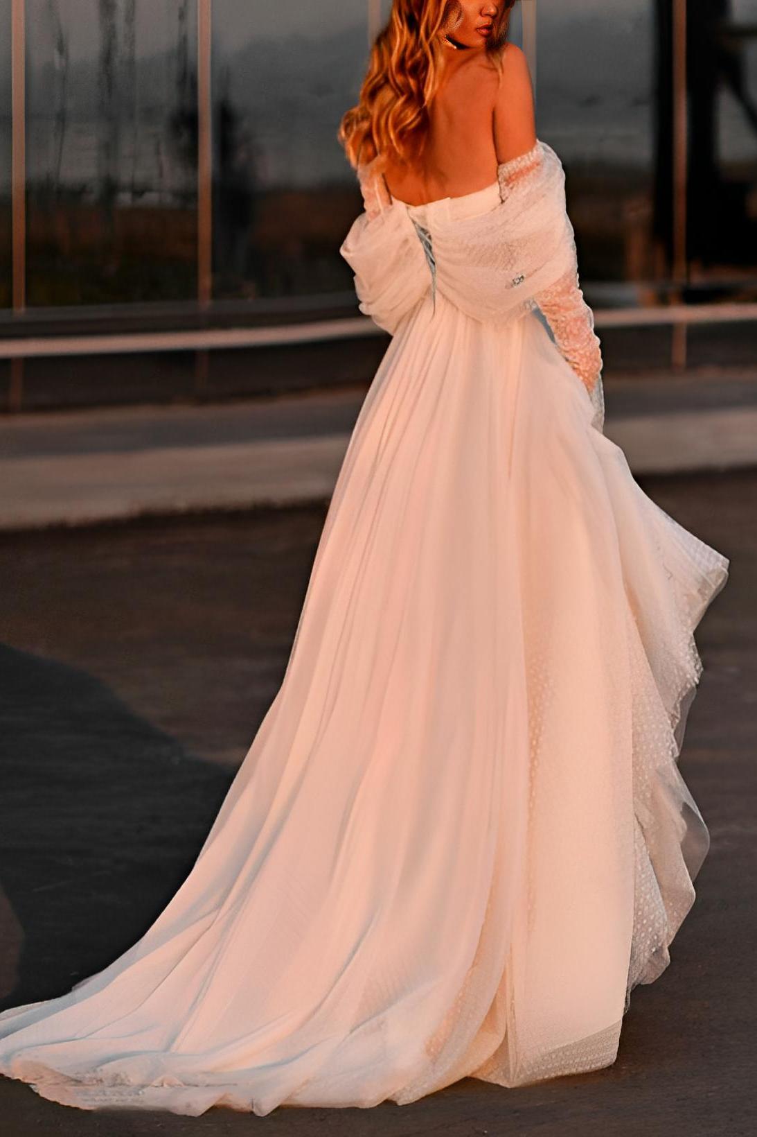 A-Line Off-The-Shoulder Sleeveless Sweep Train Tulle Wedding Dresses With Split Front