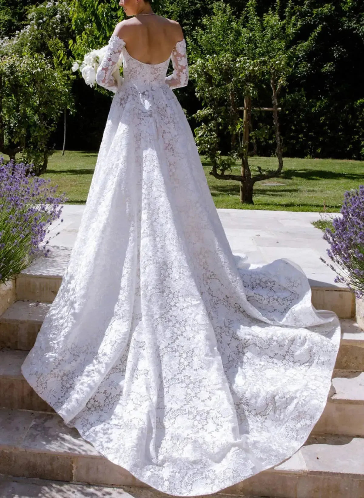 A Line Off the Shoulder Long Sleeves Cathedral Lace Wedding Dress with Appliques