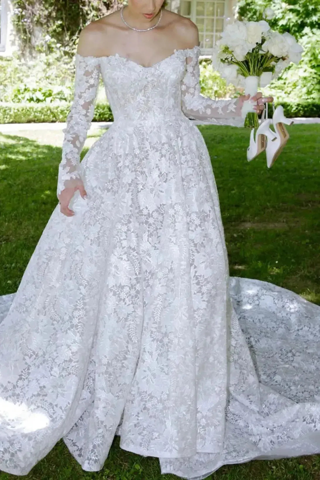 A Line Off the Shoulder Long Sleeves Cathedral Lace Wedding Dress with Appliques