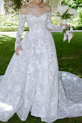 A Line Off the Shoulder Long Sleeves Cathedral Lace Wedding Dress with Appliques