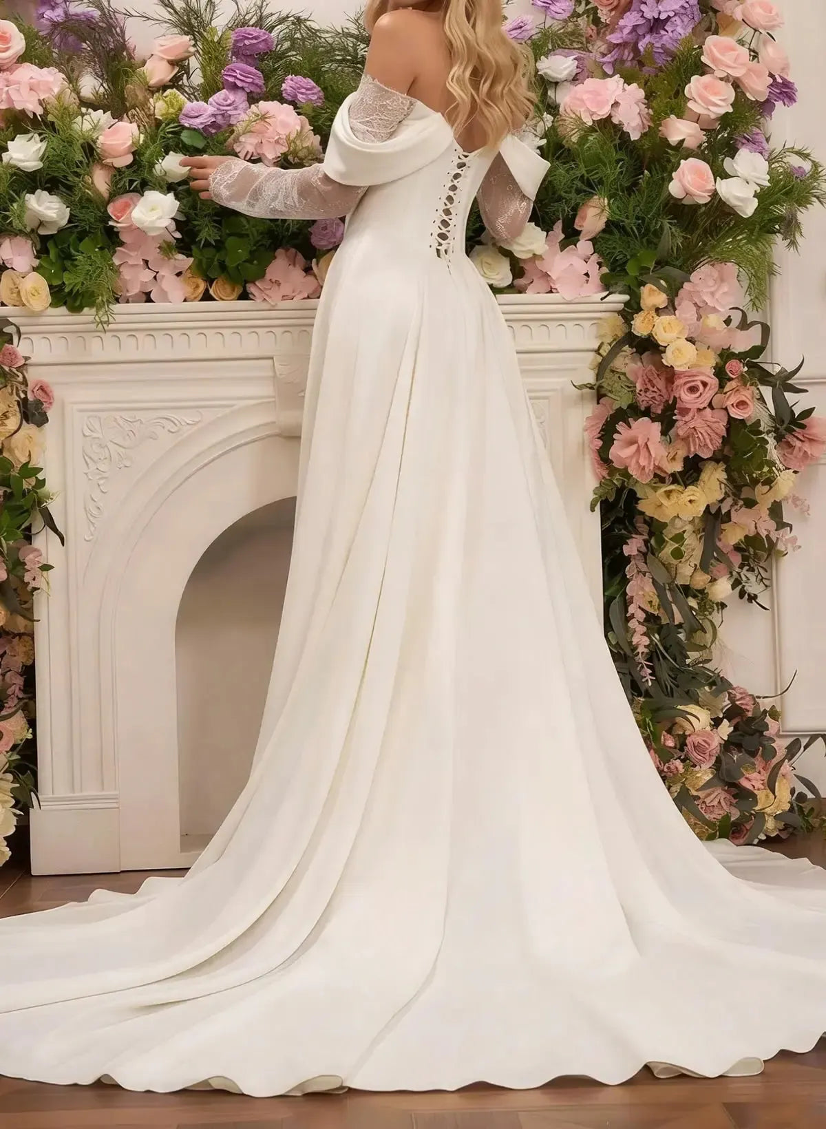 A Line Off the Shoulder Long Sleeves Court Train Lace Wedding Dress with Front Slit