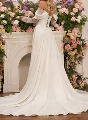 A Line Off the Shoulder Long Sleeves Court Train Lace Wedding Dress with Front Slit