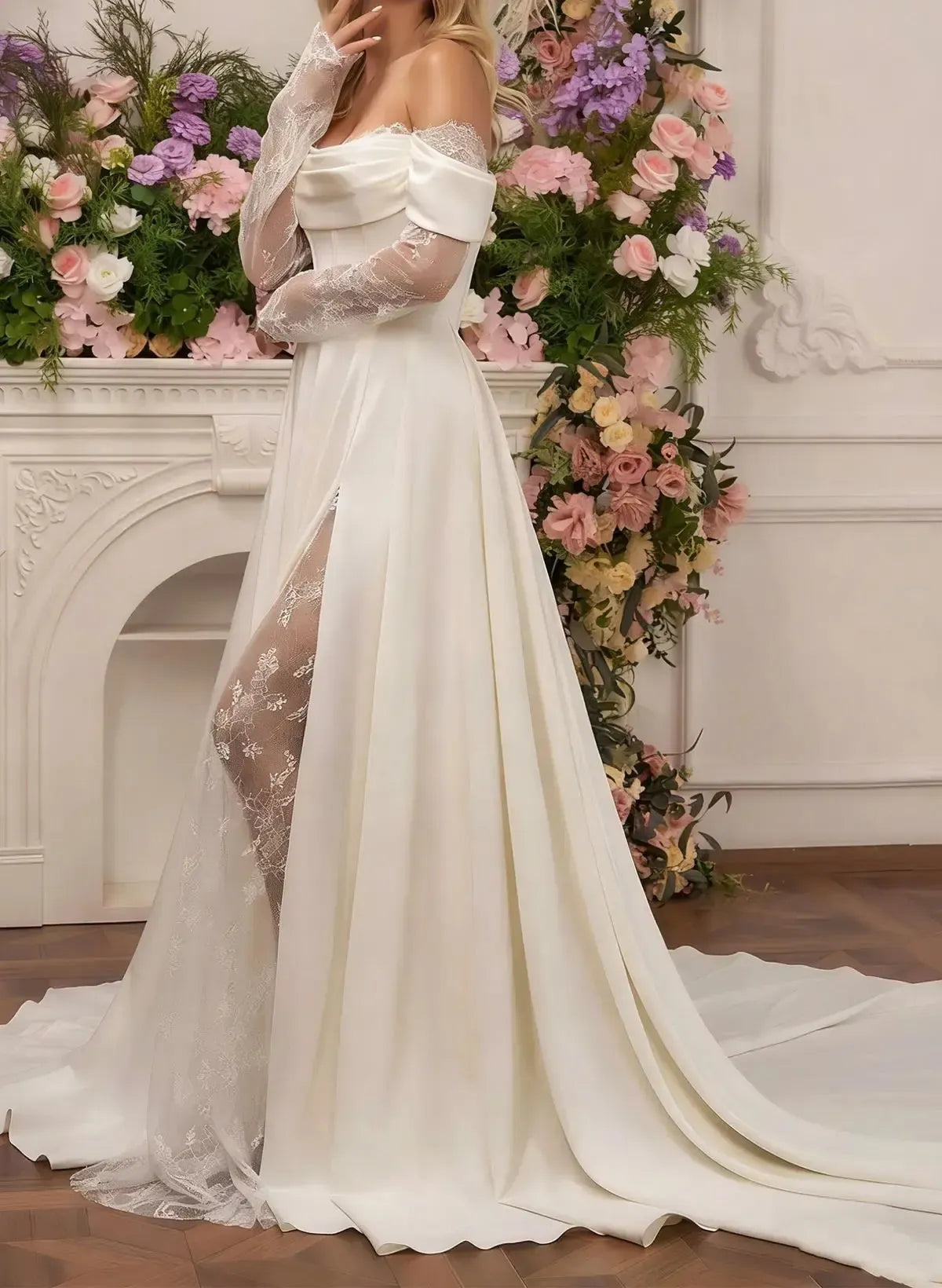 A Line Off the Shoulder Long Sleeves Court Train Lace Wedding Dress with Front Slit